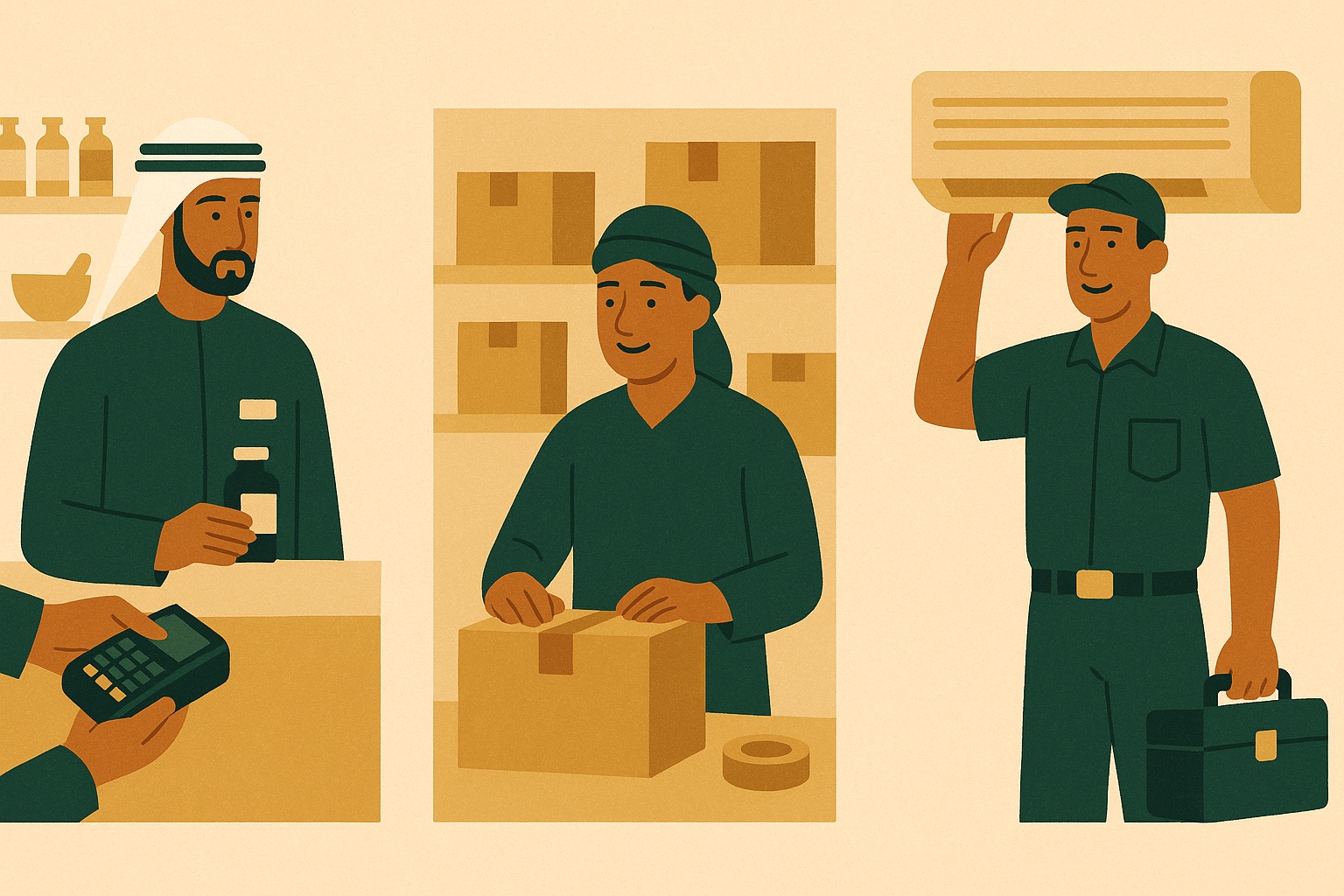 UAE merchants: a pharmacist with a POS terminal, an e-commerce seller packing parcels, an AC technician