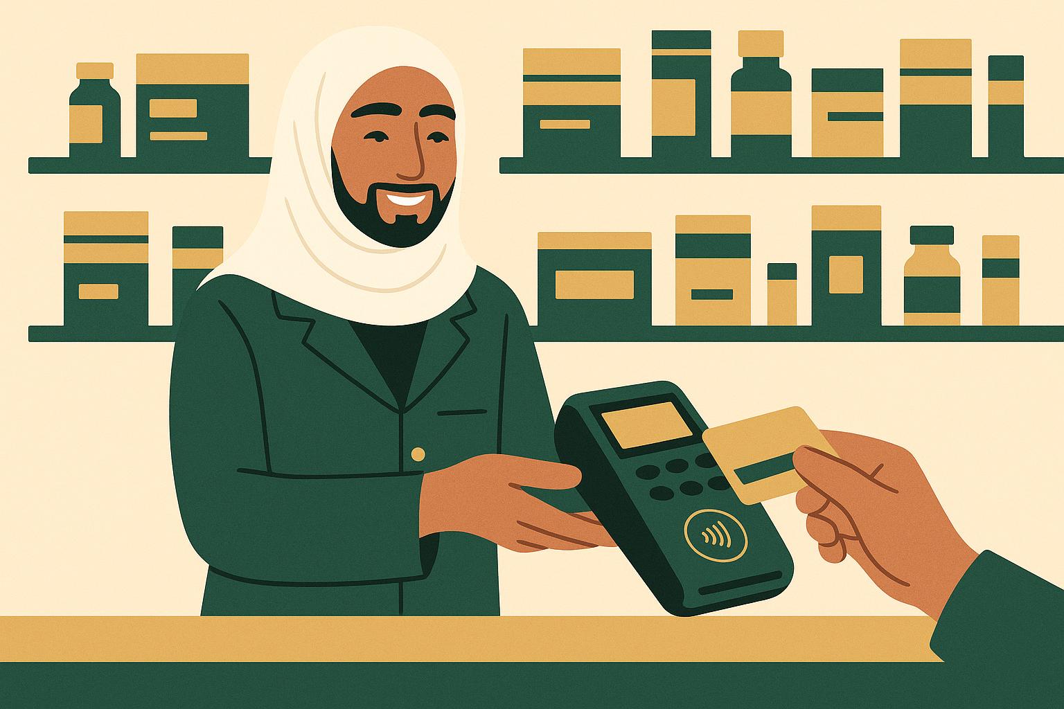 UAE pharmacist taking a contactless card payment on a POS terminal