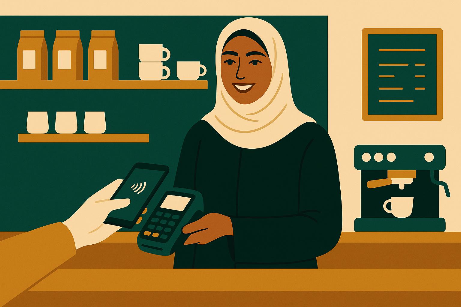 UAE café owner taking a contactless phone payment on a POS terminal