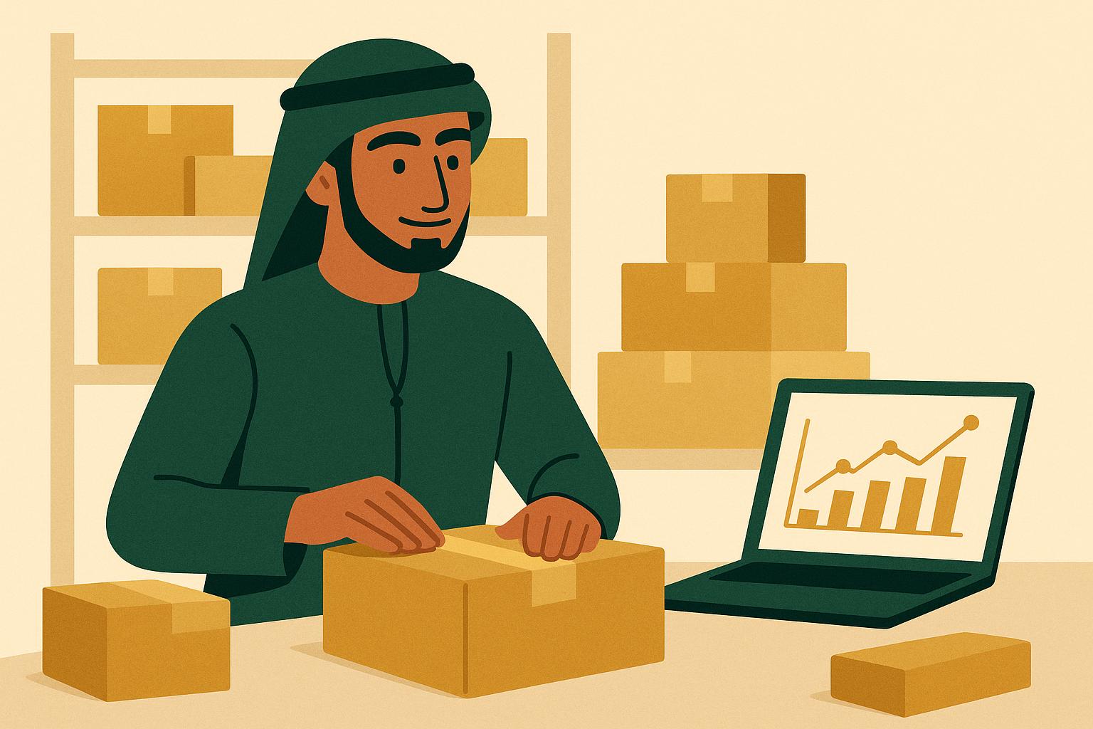 UAE e-commerce seller packing parcels with a sales chart on a laptop